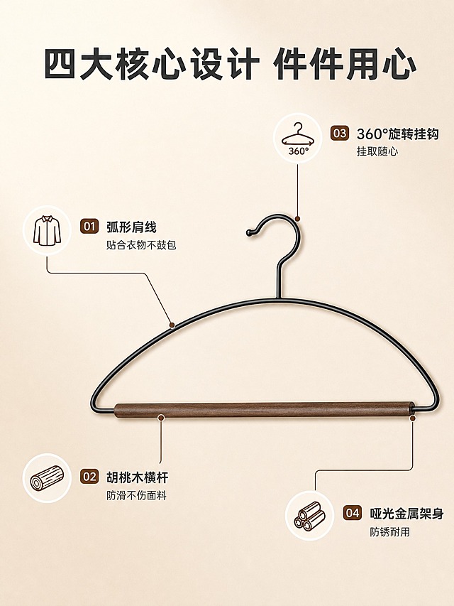 [商品] 使用【图1】黑色哑光金属弧形衣架搭配胡桃木实木横杆；完整保留衣架的弧形架身、顶部挂钩、底部实木横杆三大结构部件的比例、颜色和材质；增强金属哑光质感和木纹细节。
[画面] 第3张-结构解析，目标是用引线标注展示衣架四大核心结构及其用户收益。引线标注型构图，中景景别，衣架正面完整展示在画面中央偏右，占画面约50%。从衣架四个关键部位引出细线条到左侧或四周的信息点：1. 弧形肩线部位 → 护衣防鼓包；2. 胡桃木横杆部位 → 防滑不伤衣；3. 360°旋转挂钩 → 挂取更方便；4. 金属架身 → 防锈更耐用。背景为暖米色渐变，简洁不抢主体。
[视觉] 套系策略：风格=极简温暖家居商业摄影；标题字=现代无衬线粗黑体；正文字=简洁无衬线体；主色=暖米杏色；背景延展=基于暖米杏做深浅层级、同色渐变和细腻哑光质感；强调色=深胡桃木色，用于引线端点和图标；标题色=深炭灰；正文色=中暖灰；组件=细线引线、圆角编号标签、图标辅助；光影=正面柔光均匀打亮产品，突出结构轮廓。
[文字] 顶部主标题"四大核心设计 件件用心"，四个引线标注点分别配文："弧形肩线 贴合衣物不鼓包""胡桃木横杆 防滑不伤面料""360°旋转挂钩 挂取随心""哑光金属架身 防锈耐用"。文字横排，字号层级分明。
[规格] 图片比例3:4竖版，2K分辨率，避免变形、错字、文字过小、冷蓝背景、产品结构失真、引线穿模。