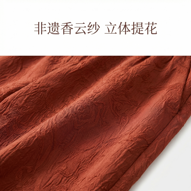[主图 3] 面料提花细节展示，
[主图主题] 香云纱提花工艺细节展示
[氛围/风格] 细节特写，高级质感
[画面元素] 裤子面料提花纹路局部特写，清晰展示香云纱面料肌理和暗纹提花细节，纹理清晰自然，预览效果