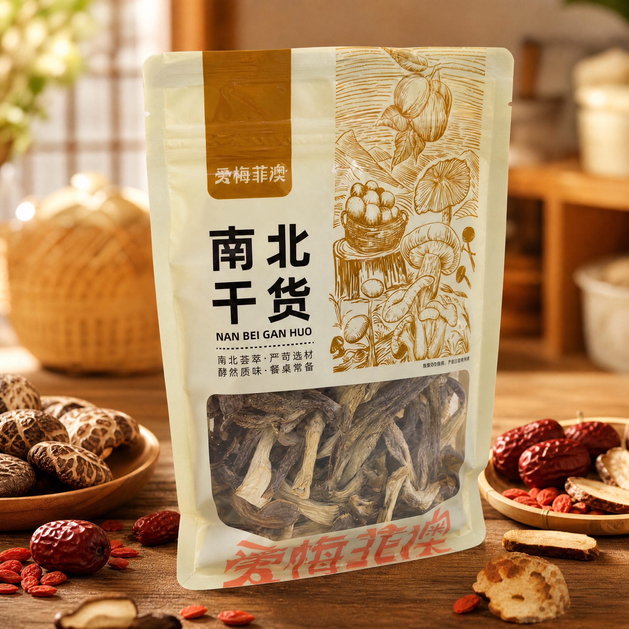 南北干货自立袋包装产品摄影图，米白色包装袋正面印有金色版画风格… - 图片创意预览
