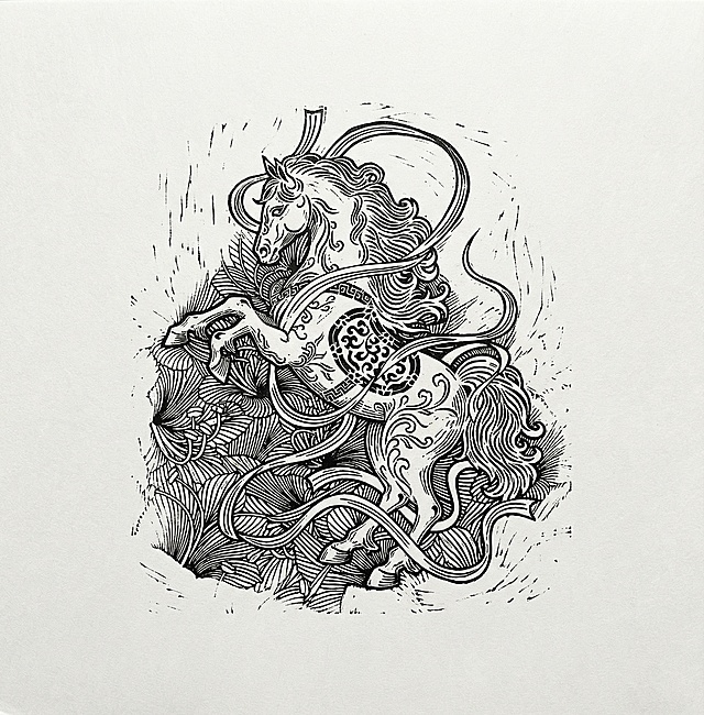 请把马提取出来，并且变成版画线条「图片1」