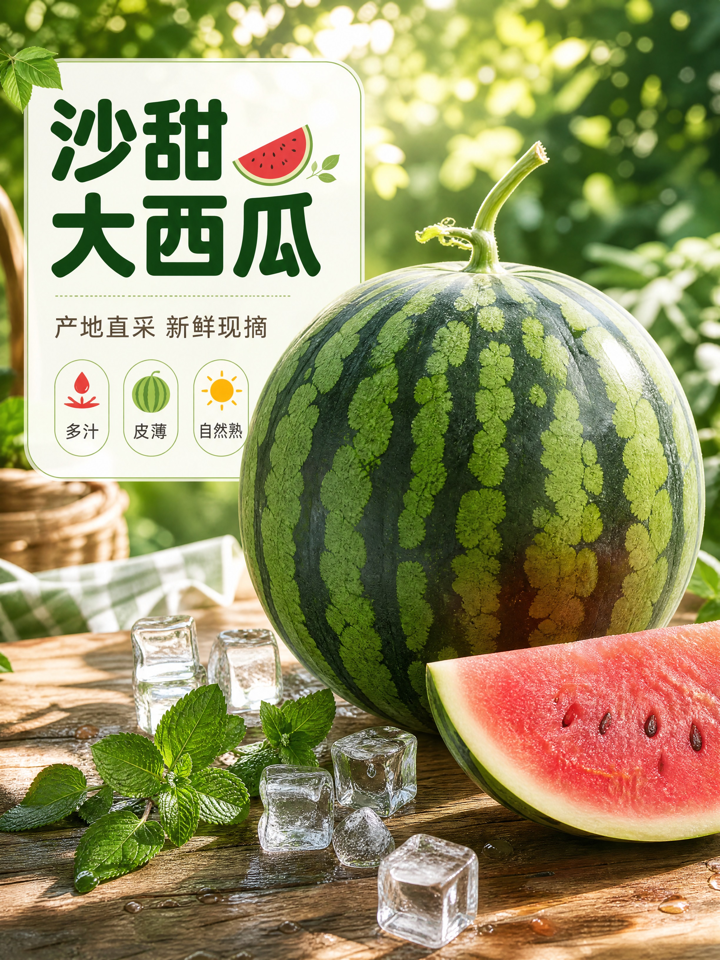 [商品] 生鲜大西瓜，整体饱满圆润，深绿带深黑色条纹外皮，果形… - 图片创意预览