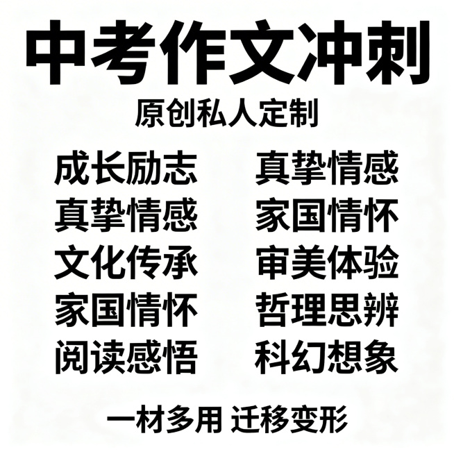 中考作文冲刺宣传主图，包含文字：“中考作文冲刺 原创私人定制 八大主题：成长励志、真挚情感、文化传承、家国情怀、审美体验、阅读感悟、哲理思辨、科幻想象 一材多用 迁移变形”，设计风格简约大气，教育学习预览效果