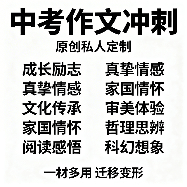 中考作文冲刺宣传主图，包含文字：“中考作文冲刺 原创私人定制 八大主题：成长励志、真挚情感、文化传承、家国情怀、审美体验、阅读感悟、哲理思辨、科幻想象 一材多用 迁移变形”，设计风格简约大气，教育学习主题，文字排版清晰，1:1比例构图