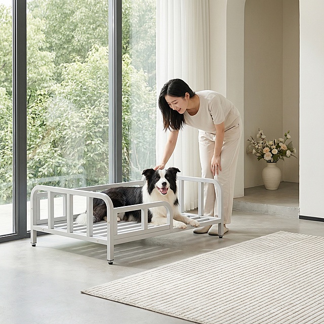 浅灰色金属框架狗床，保持原产品物理结构绝对不变，床下面没有轮子，床腿没有额外东西，床上没有床垫。产品主体不变形不扭曲。
平视构图，主体放置在入户客厅的浅灰色水泥砖地面，背景是整面的落地大玻璃窗，窗外可见浅绿色绿植景观。
现代简约小清新客厅氛围，浅低饱和家居色调。床上趴着一只快乐活泼的边牧，年轻东亚女孩弯腰站在狗床边，微笑着温柔抚摸狗狗，互动自然。
明亮漫射自然光从窗户进来，整体光影柔和干净，低对比度，奶白色调温馨治愈。
玄关处放一个浅色花艺花瓶，地面铺一块奶白色条纹地毯，增加层次和生活感。
商业淘宝主图摄影，4K超清，通透干净，小清新氛围。保持 1:1 画面比例。