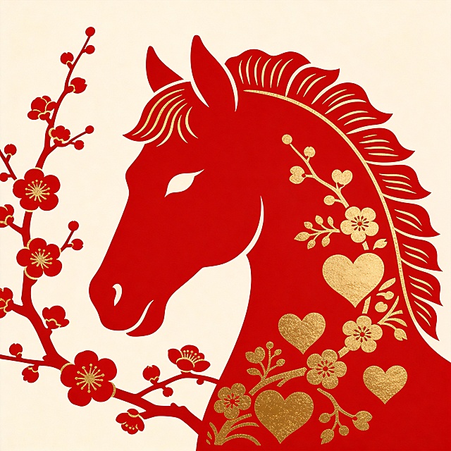 红金剪纸风马首剪影，融入梅花与心形图案，国潮中式喜庆设计，鎏金点缀，尽显民族韵味。