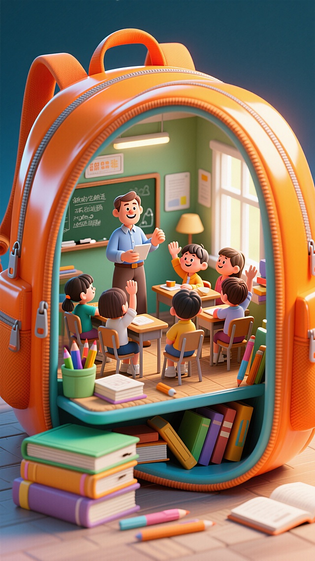 3D风微缩艺术，书包内藏可爱卡通教室，简约设计展现童趣学习场景。