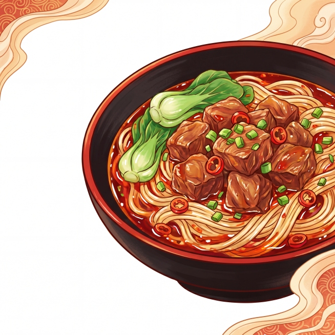 国潮手绘风商业美食插画，俯视角特写，一碗内江牛肉面，红油汤底鲜亮诱人，碱水面条油亮劲道，盛在深黑色带红边的陶瓷碗中，碗里铺满大块卤牛肉、小片翠绿青菜、红辣椒圈、葱花，食材分布饱满，整体色彩鲜亮柔和，线预览效果