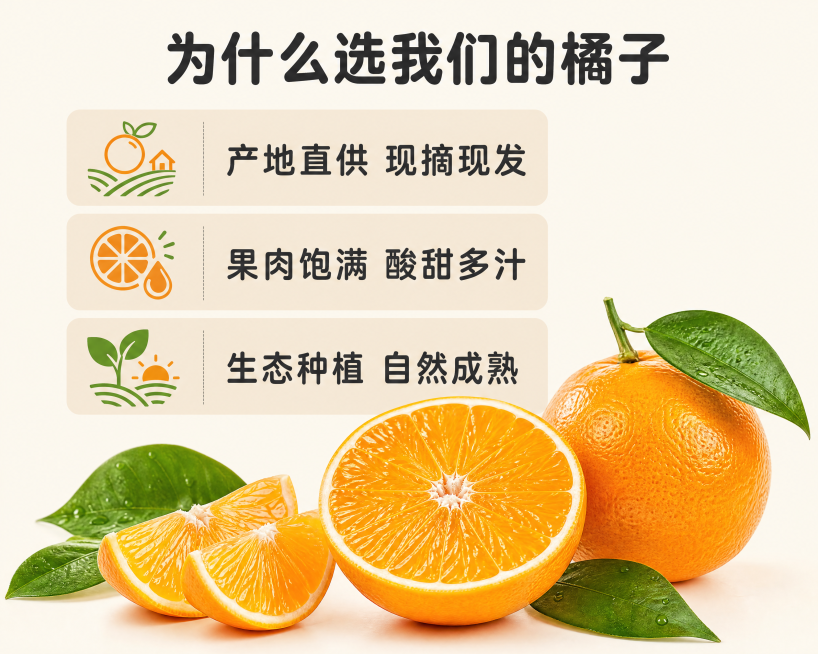 [第2屏] 卖点图-新鲜橘子核心卖点展示。
[氛围/风格] 自然清新风格，阳光鲜果氛围，商业图文排版，整洁干净。
[元素布局] 顶部大标题区域，中部三个卖点分区展示，底部搭配完整橘子和切开橘子的参考图预览效果