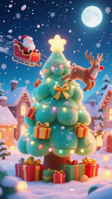 3D毛绒风格的温馨圣诞场景，中央是巨大的圣诞树，缠绕着闪烁的彩灯，枝头挂满系着金色丝带的惊喜礼盒，圣诞老人驾着驯鹿雪橇从树旁划过，领头的驯鹿鲁道夫的红鼻子散发着温暖的红光，照亮飘落的雪花，背景是一轮明预览效果
