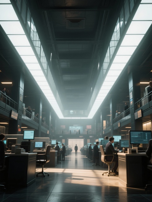 镜头画面：环境变得压抑，光线从交易所顶部逐渐压低。
运镜方案：镜头缓慢下压，制造心理压力感。预览效果