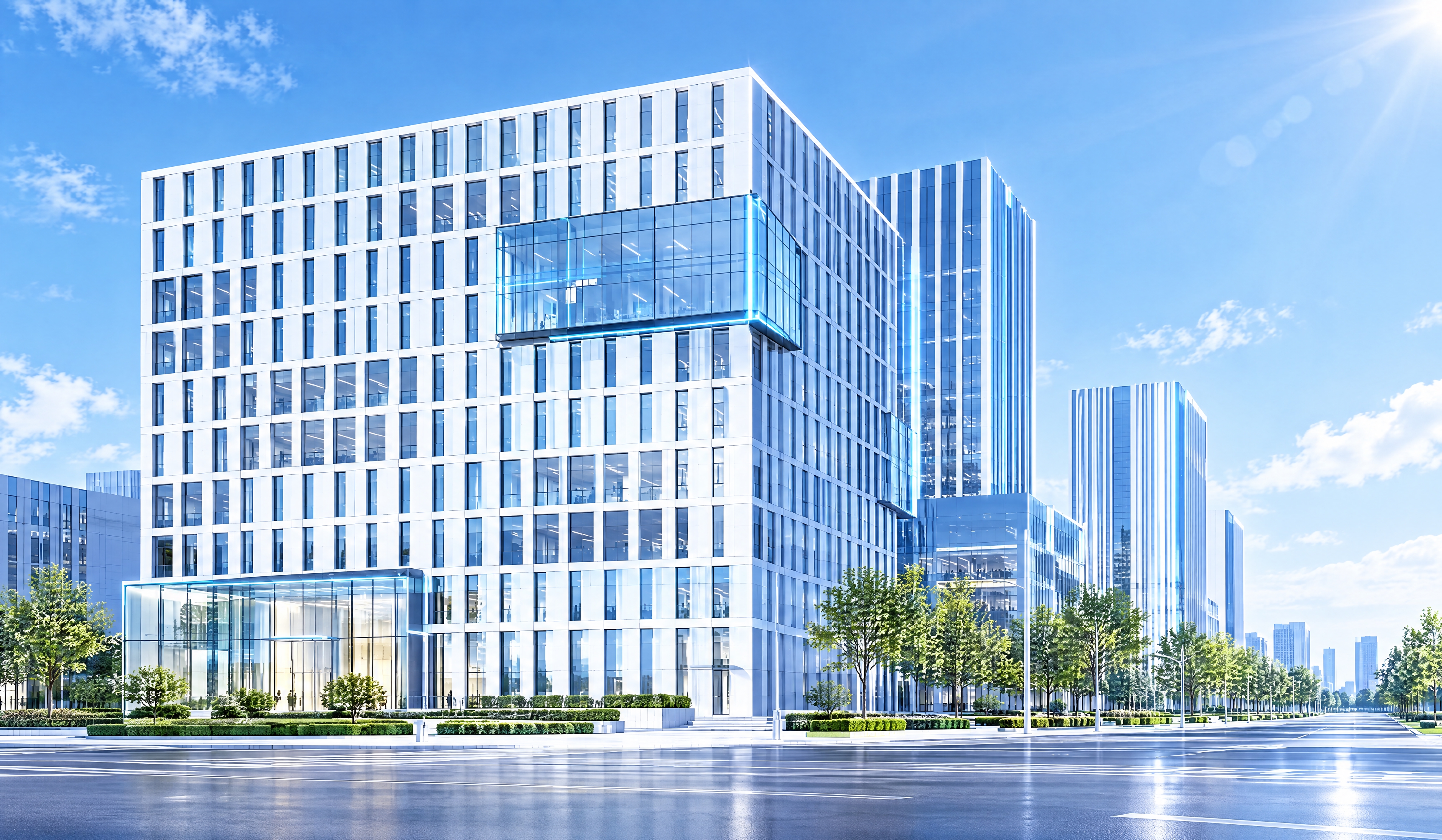 复刻这张现代办公楼建筑效果图，去掉画面中所有行人人物，整体风格… - 图片创意预览