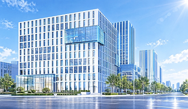 复刻这张现代办公楼建筑效果图，去掉画面中所有行人人物，整体风格变得明亮清晰，增加科技感，建筑外立面更具未来科技质感，光线通透，天空晴朗明亮，画面干净整洁，高清晰度，科技感建筑渲染风格
