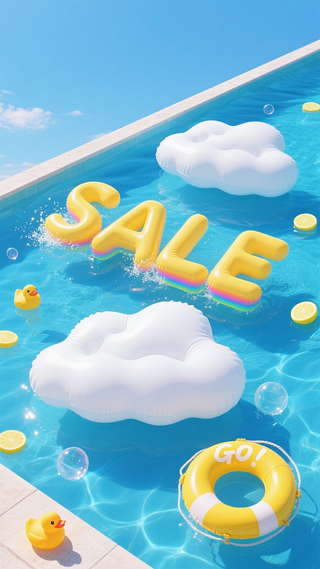 俯视视角，夏日晴空下的无边泳池，碧蓝水面上漂浮着三个巨大的云朵状充气浮床，自然构成"SALE"字样，阳光透过水花在字母边缘折射出彩虹光晕，泳池边缘散落着几个黄色橡胶鸭和柠檬片，水面漂浮着半透明的气泡，右下角有一个翻转的黄色救生圈，上面用白色手写体写着"GO!"，整体色调以清澈的天蓝色和活力的柠檬黄为主，画面简洁明快，充满夏日清凉感和促销氛围。