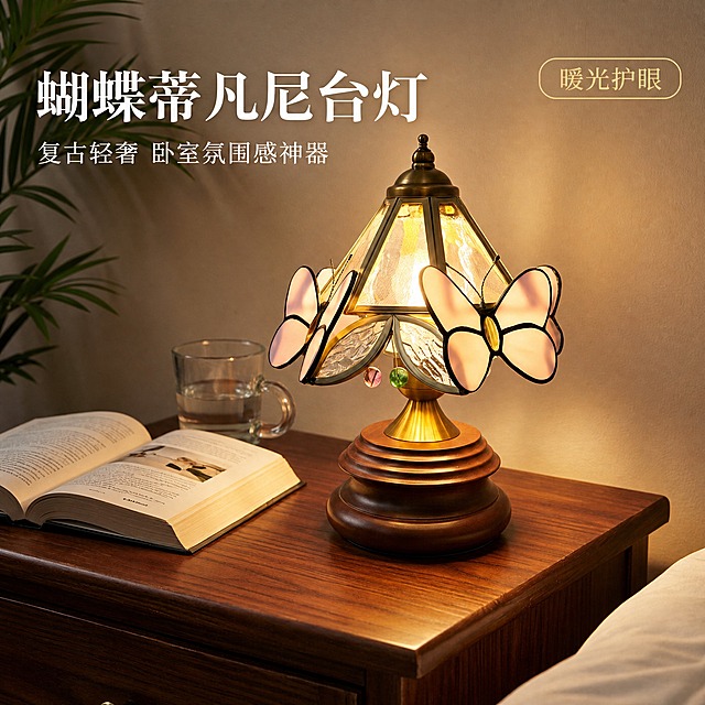 [主图-1] 复古蝴蝶装饰台灯 卧室床头开灯氛围主视觉。
[统一基调] 高级感 复古轻奢 暖调光影 氛围感 淘宝1:1主图 无平台Logo无水印。
[画面] 复古蝴蝶装饰台灯放置在深胡桃木床头柜上，台灯处于开灯状态，暖黄色柔光从蒂凡尼彩玻灯罩中透出，灯罩上的粉色蝴蝶造型清晰立体，黄铜金属灯体泛着温润光泽，深棕色实木底座纹理细腻。背景是米白色肌理墙面，左侧有散尾葵绿植叶片虚化点缀，床头柜上有一本摊开的精装书和一只透明玻璃杯，右下角露出白色亚麻床品一角。产品位于画面中心偏右，主体占比约65%，完整展示灯体全貌。左上角负空间放置主标题。
[光影质感] 商业摄影质感，主光源来自台灯本身的暖光，在墙面和桌面形成柔和光斑与漫反射，环境光偏暗营造夜晚卧室氛围，金属灯体有细腻高光反射，实木底座有自然接触阴影，整体光影层次丰富，温暖治愈。
[配色] 主色调暖棕米白 黄铜金色 粉色蝴蝶点缀 深木色打底，整体低饱和高级感。
[文字版式] 左上角主标题"蝴蝶蒂凡尼台灯" 白色衬线粗体大字，下方副标题"复古轻奢 卧室氛围感神器" 白色细体小字，右上角轻标签"暖光护眼" 金色细边框圆角标签。文字不遮挡产品主体。
[输出要求] 1:1正方形 2048x2048 文字清晰可读 产品清晰锐利 无变形 无错字 无模糊 无杂乱背景 无水印 无淘宝平台Logo 无多余人物。