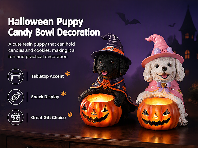 Amazon A+ content image, Halloween Puppy Candy Bowl Decoration, 600:450 ratio. Two puppy figurines displayed on the right side of the frame. Black puppy with purple wizard hat and cape on the left, white puppy with pink wizard hat and cape on the right, both holding jack-o'-lantern pumpkin candy bowls with warm glowing light inside. The resin figurines sit on a dark wooden shelf with subtle reflection. Left side of the image has text content area. Top left main title in bold rounded sans-serif white font: "Halloween Puppy Candy Bowl Decoration". Below it subtitle in smaller light white text: "A cute resin puppy that can hold candies and cookies, making it a fun and practical decoration". Bottom left section has three vertically stacked feature groups with simple line icons to the left of each label: top "Tabletop Accent" with table icon, middle "Snack Display" with candy icon, bottom "Great Gift Choice" with gift box icon. Each feature has a small paw print accent. Background is deep purple to dark blue gradient with faint Halloween silhouettes like tiny bats and haunted house in the distance. Warm soft lighting from upper left, gentle shadows. All text in English, clean minimalist cross-border e-commerce style, commercial photography quality. Products on right side occupy about 55% of frame, text area on left. Layout: left-side title and features stacked vertically + right-side products. Deep purple-blue gradient background, accent colors orange pumpkin, purple, pink. High definition, sharp details, professional product photography lighting.