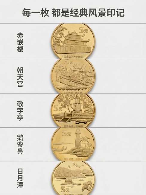 [商品详情板块-单币细节] 单枚纪念币超清细节展示。
[氛围风格] 专业微距特写，突出工艺细节；
[画质] 超高清商业摄影，10倍微距细节，纹理清晰锐利，产品真实干净。
[元素] 五枚纪念币竖向排列，预览效果