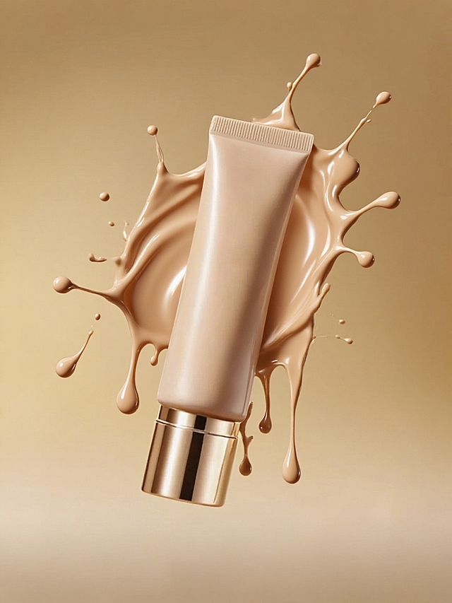 周围环绕着飞溅、流淌的同色系粉底液液体，液体光滑、富有光泽，整体风格简约高级，光线柔和，金色渐变背景
