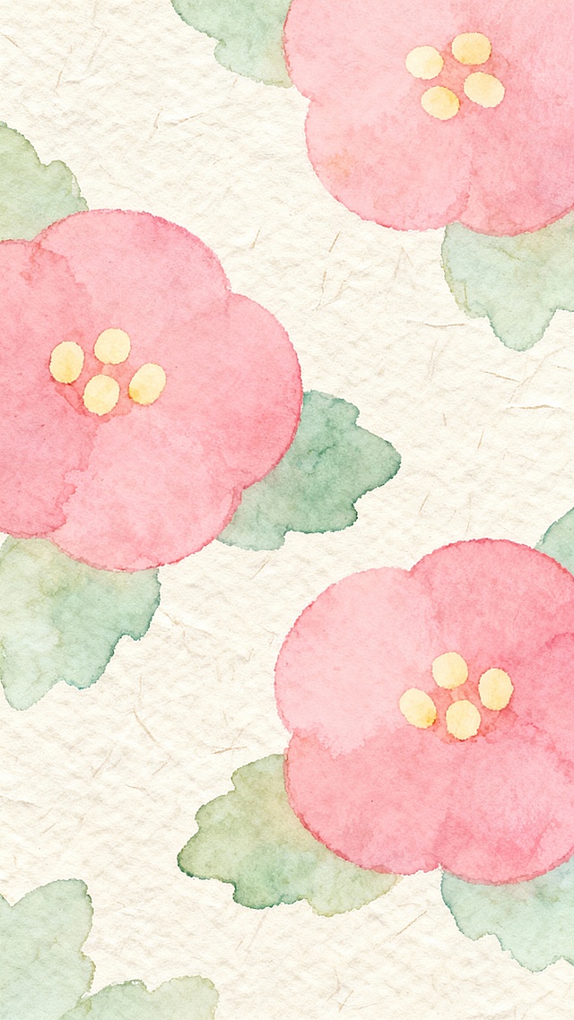 柔和的粉彩色调手绘风格花卉图案，三朵圆润的粉色花朵，每朵花中心有三到四枚浅黄色花蕊，搭配不规则边缘的浅绿色叶片，背景为带有细腻纹理的浅米色纸张质感，整体呈现出淡雅、温馨、童趣的氛围，色彩过渡自然柔和，笔触带有轻微的手绘肌理感，构图简洁大方，花朵与叶片错落分布，形成和谐的视觉平衡。