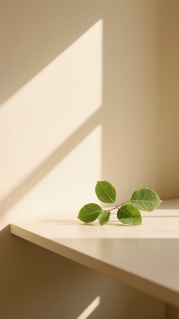 极简风格静物摄影，柔和的米黄色背景与浅米色桌面构成简约角落，右侧桌面上放置一小枝翠绿的新鲜枝叶，叶片边缘清晰、叶脉细腻，阳光从斜上方照射形成斜向的长条光影投射在背景墙和桌面上，光影过渡自然柔和，整体画面呈现温暖、宁静、干净的氛围，色调统一为米黄色与绿色的和谐搭配，光线明亮柔和无硬阴影，高清晰度，细腻的材质表现，极简构图，留白充足，传达出自然清新与简约雅致的感觉。预览效果