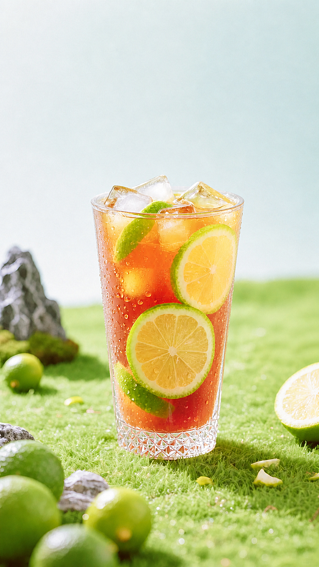 将图一中原来的杯子替换成图二的玻璃杯，保留原图一的冰饮、青柠片、冰块，保持原来的草坪背景和整体光影风格不变
