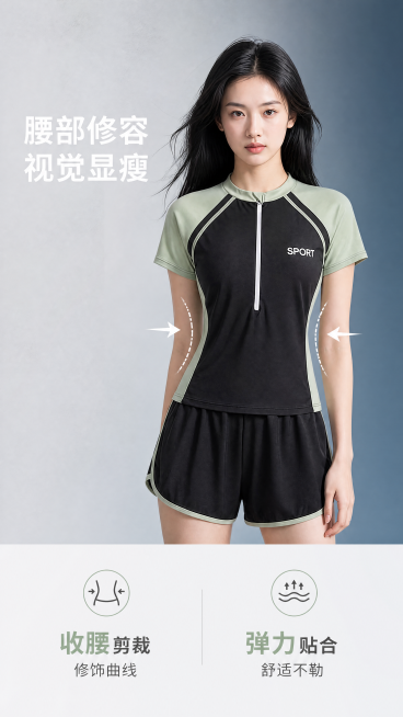 [第7屏] 整体版型优势讲解，展示修腰显瘦效果。
[氛围/风格] 简约对比展示风格，干净渐变背景，和首屏保持统一视觉，商业展示质感。
[参考背景] 使用参考图3渐变背景风格，左侧浅灰右侧蓝渐变。
[元预览效果