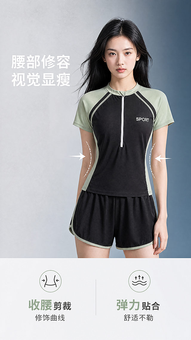 [第7屏] 整体版型优势讲解，展示修腰显瘦效果。
[氛围/风格] 简约对比展示风格，干净渐变背景，和首屏保持统一视觉，商业展示质感。
[参考背景] 使用参考图3渐变背景风格，左侧浅灰右侧蓝渐变。
[元素布局] 画面主体展示模特上身正面效果，突出腰线收腰设计，腰部做文字标注引导视觉，保持泳衣颜色结构和原商品一致。上半部分展示整体版型，下半部分分点讲解版型优势。整体布局重点突出，不拥挤。
[光影质感] 均匀正面光，勾勒身体曲线，突出收腰设计，明暗过渡自然，产品清晰真实。
[配色色系] 背景渐变浅灰到蓝，和首屏保持一致，文字深灰+薄荷绿强调重点。
[视角构图] 模特半身中景，正面展示腰线，构图重心稳定，视觉焦点落在腰部版型。
[文字版式] 顶部主标题“腰部修容 视觉显瘦”，和参考图3位置一致。下方分两点：“收腰剪裁 修饰曲线”“弹力贴合 舒适不勒”，分两栏排列，文字清晰，移动端阅读舒适。
[比例分辨率] 9:16竖版比例，4K分辨率，文字清晰可辨。
[负向提示词] 变形，水印，文字错乱，缺件错件，结构错误，颜色偏差，产品图模糊，背景杂乱，违规表达，低俗擦边。
