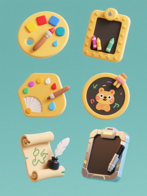 一系列6个不同造型的3D卡通风格画板元素集合，保持黄色主体、圆润边缘、立体光影和柔和高光的统一视觉风格，每个画板分别呈现：1. 带有红、黄、蓝三原色颜料块的经典调色板搭配木质画笔；2. 边缘点缀星星图案的方形画板与彩色蜡笔组合；3. 六边形水彩画板上放置扇形水彩笔刷和水滴状颜料；4. 圆形儿童涂鸦板配卡通动物造型粉笔；5. 复古卷轴式画板与羽毛笔和墨水瓶组合；6. 未来感几何形画板搭配金属质感……预览效果