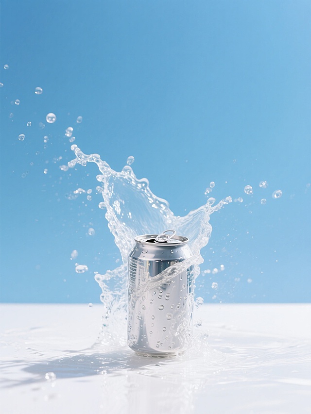 一瓶易拉罐气泡饮料产品特写，被包裹在一股泼溅的水中（从地面泼溅而起，激起水花，水花晶莹剔透，折射着光线），背景是蓝天