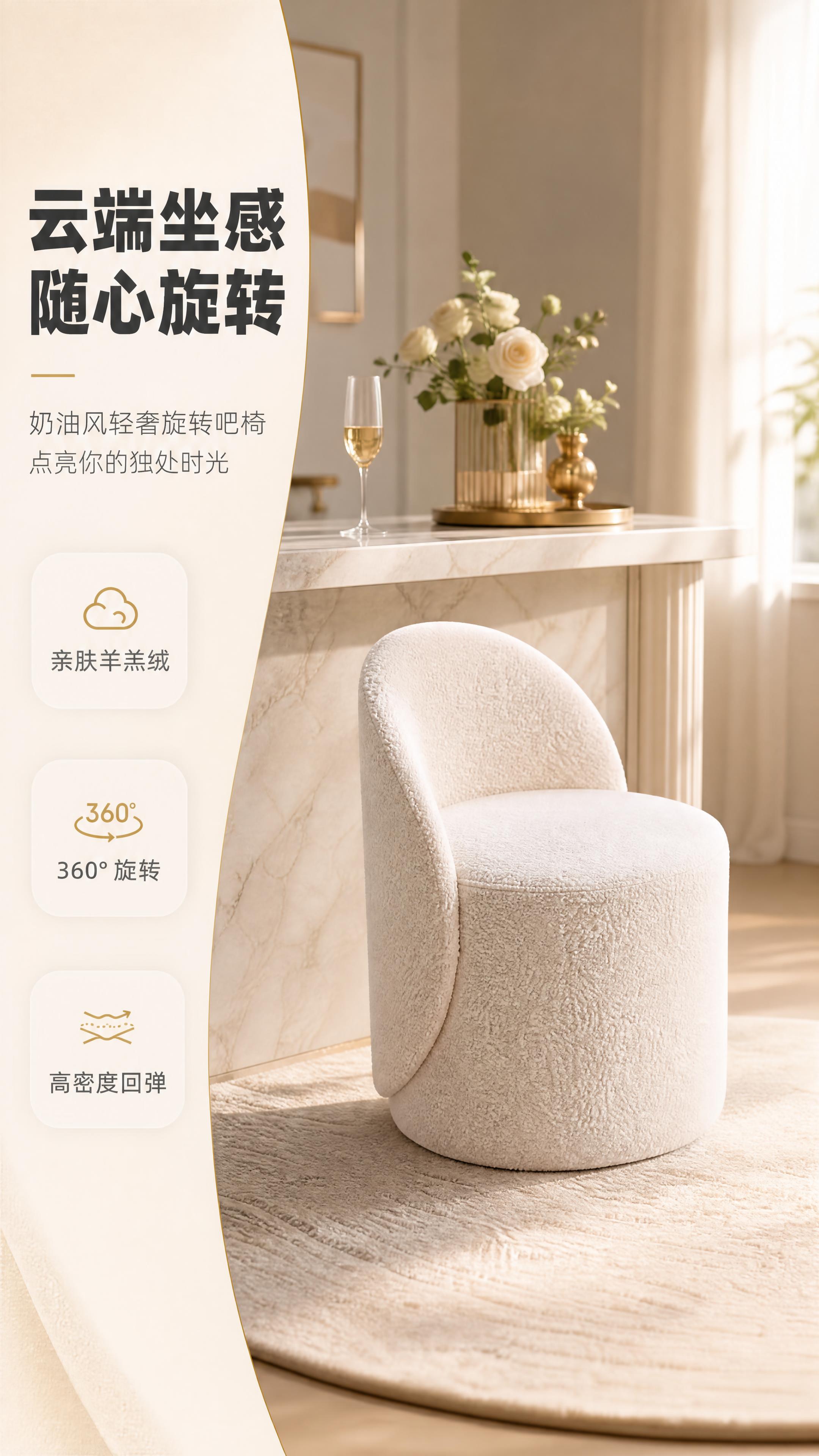 [商品] 使用【图1】B2511奶白色羊羔绒旋转吧椅；保留圆润… - 图片创意预览