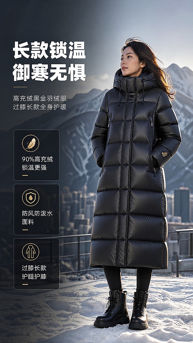 [商品] 使用【图1】黑色长款连帽羽绒服；商品处理：保留连帽立领双结构、双侧长拉链口袋、横向绗缝分格、袖口"BLACK CAT"金色刺绣标、长款过膝版型、黑色亮面面料和整体廓形；自然理顺衣身垂坠，去除轻微褶皱，增强面料光泽质感、缝线立体感和拉链五金质感，不改变版型和颜色。
[画面] 目标：户外模特功能头图，突出长款羽绒服的保暖气场与高级质感。构图：左文右图竖版，右侧亚洲女模特全身站立于雪山城市户外场景，身穿该款黑色长款羽绒服，双手插兜，微微侧头，衣长过膝，版型挺括不臃肿。主体占画面60%。前中后景：前景积雪地面，中景模特，后景虚化的雪山与城市天际线，冬日暖阳逆光勾勒轮廓。阅读动线：从上到下，左上标题区，右下模特主体。
[视觉] 套系策略：风格=高端机能户外商业摄影；标题字=现代无衬线粗黑体；正文字=简洁无衬线体；主色=哑光黑+深炭灰；背景延展=基于深炭灰做冷调渐变、雪山雾霭质感和金属冷光层次；强调色=香槟金，仅用于小面积图标、引线、标签和数字高亮；标题色=纯白；正文色=浅银灰；组件=细金线引线、半透明深色信息卡、极简图标；光影=侧前冷柔光+背景逆光轮廓光，整体冷调高级感。
[文字] 左上区域主标题"长款锁温 御寒无惧"，副标题"高充绒黑金羽绒服 过膝长款全身护暖"，下方3个短卖点：「90%高充绒 锁温更强」「防风防泼水面料」「过膝长款 护腿护膝」。文字横排，不遮挡模特主体和服装关键结构。
[规格] 图片比例9:16竖版，4K，避免变形、错字、文字过小、衣服颜色改变、版型失真、臃肿夸张、极限词、暖色调背景。
