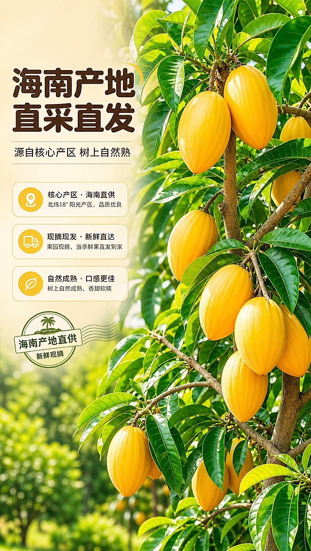 [商品] 使用【图3】蛋黄果挂果果树图；保留蛋黄果形状、金黄颜色、叶片形态、树枝结构；增强果实饱满度，提升叶片翠绿与果实金黄对比，保持自然真实。
[画面] 目标：产地溯源展示，强调海南产地直供、新鲜现摘。构图：左文右图，左侧30%区域放产地信息文案，右侧70%为果树挂果场景；前景清晰果实、中景枝叶、远景虚化果园环境，营造产地直供真实感。
[视觉] 套系策略：风格=自然清新生鲜摄影风，暖调食欲感；标题字=圆润粗黑体，厚重饱满；正文字=简洁无衬线体；主色=暖金黄；背景延展=果园自然绿色背景+浅米黄渐变信息区；强调色=深翠绿；标题色=深棕褐；正文色=暖深灰；组件=圆角浅黄信息卡、细线引线、产地标签；光影=自然日光，顶侧光，通透自然。
[文字] 左上主标题「海南产地 直采直发」，副标题「源自核心产区 树上自然熟」；下方3行信息点：「核心产区 · 海南直供」「现摘现发 · 新鲜直达」「自然成熟 · 口感更佳」；文字区左侧排布，不遮挡主体果实；所有文字横排。
[规格] 淘宝/天猫详情页，单屏比例9:16竖版，4K分辨率，负向提示：避免变形、错字、文字过小、果实颜色失真、叶片发黄、虚假产地承诺、极限词。