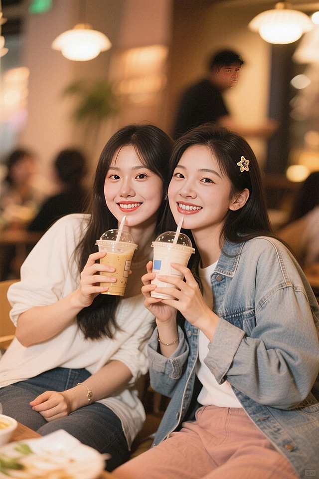 2个女生，拿着奶茶的合照影像，可爱风，时尚穿搭，休闲聚会场景，快乐氛围，光感柔和，生活记录感，享受时光