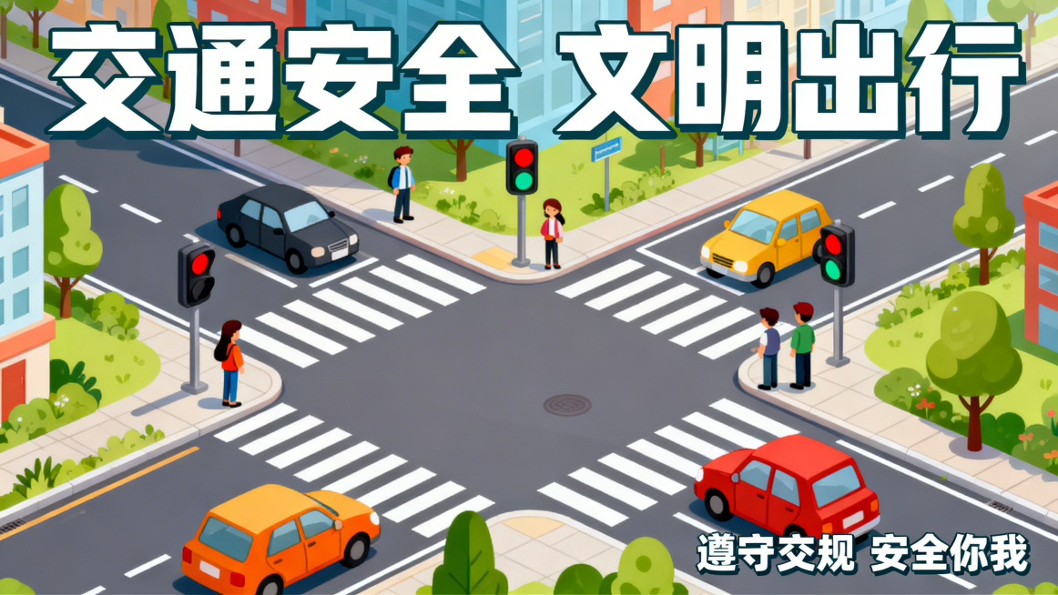 16:9卡通风格交通安全宣传海报，展现城市道路面貌，包含路口、斑马线、红绿灯等交通元素，画面明亮活泼，突出交通安全主题，适合做宣传海报预览效果