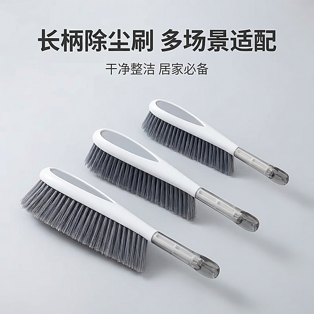 [主图 10] 整套产品整齐展示
[氛围风格] 规整陈列，高级感
[画面元素] 商业摄影质感、光线柔和通透、产品清晰真实、画面干净高级。三把不同尺寸长柄细丝除尘刷整齐平铺在浅灰色背景上，保留原产品外观形状颜色不改变，排列整齐，光影均匀，突出产品整体颜值
[配色色系] 浅灰色背景，产品本身配色不变
[视角构图] 平铺俯视构图，整齐排列
[文字版式] 主标题“长柄除尘刷 多场景适配”，字体微软雅黑加粗，深灰色，顶部居中；副标题“干净整洁 居家必备”，字体思源宋体中粗，浅灰色，主标题下方；文字颜色统一，不遮挡产品
[比例分辨率] 1:1比例，2k分辨率；文字清晰可辨，超高清
[负向提示词] 变形，水印，文字错乱，产品图模糊，背景杂乱，改变产品主体形状，文字字体错误，颜色不统一