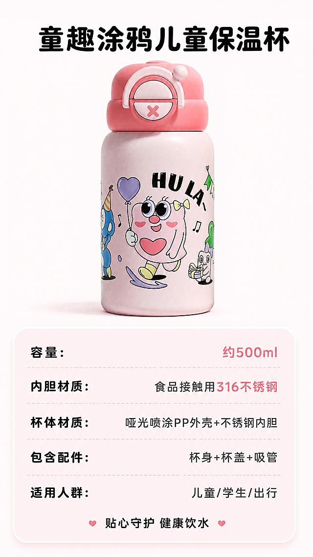[第8屏] 保温杯规格参数信息卡页
本屏使用【图1】作为产品主体，保持产品外观、颜色和图案与原图一致。
[氛围/风格] 干净规整的信息卡风格，浅粉色系，清晰直观。
[元素布局] 产品图放在画面上半部分，占据约45%高度，居中展示；下半部分为规格参数信息卡，浅粉色卡片底色，参数项目和内容分左右对齐排列，清晰整齐。
[光影质感] 光照均匀，产品光影自然，卡片文字清晰，信息展示一目了然。
[配色色系] 全局底色：#FFF8FA；信息卡底色：#FFF0F4；标题黑色，参数内容深灰色，重点参数粉色突出。
[视角构图] 上产品下信息卡竖向排版，符合移动端从上到下阅读，产品居中，信息分区整齐。
[文字版式] 产品图上方主标题「童趣涂鸦儿童保温杯」黑色圆角字体居中。参数信息卡包含：容量：约500ml、内胆材质：食品接触用316不锈钢、杯体材质：哑光喷涂PP外壳+不锈钢内胆、包含配件：杯身+杯盖+吸管、适用人群：儿童/学生/出行。项目左对齐，内容右对齐，排版整齐，字号适合手机阅读，重点参数使用粉色突出显示。底部添加一行小字提示「贴心守护 健康饮水」黑色文字居中。
[比例分辨率] 9:16竖版比例，4K分辨率，文字清晰可辨。
[负向提示词] 产品变形，颜色偏差，排版混乱，文字模糊，错行错字，水印，违规宣传。