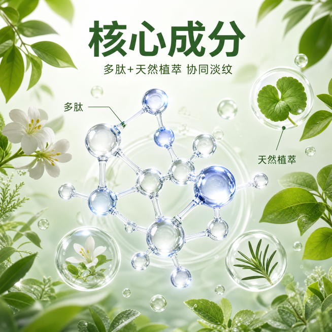 [主图-2] 多肽抗皱核心成分解析图，清新森林风。
[氛围风格] 清新自然科研感，天然成分可视化风格。
[画质] 超写实3D渲染，Octane渲染质感，细节清晰通透。
[元素] 中心展示多肽分子3D结预览效果