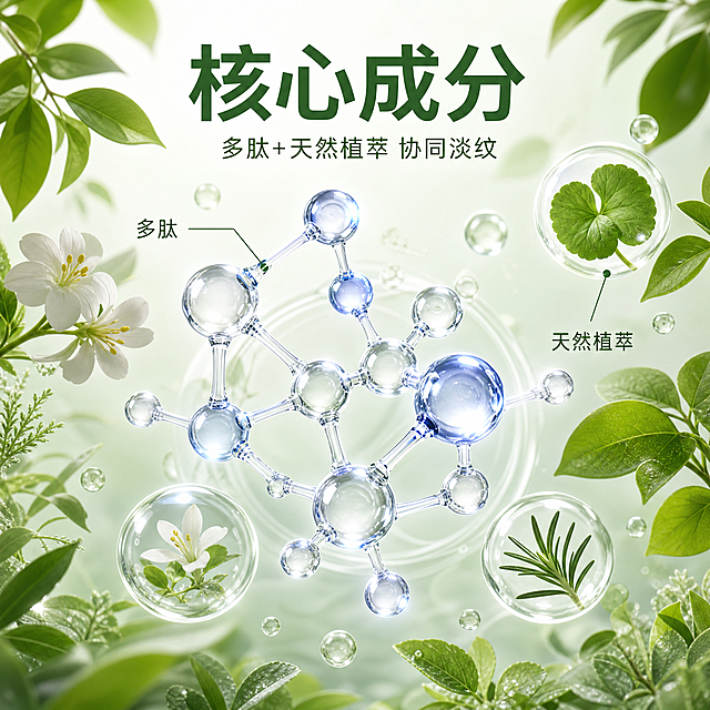 [主图-2] 多肽抗皱核心成分解析图，清新森林风。
[氛围风格] 清新自然科研感，天然成分可视化风格。
[画质] 超写实3D渲染，Octane渲染质感，细节清晰通透。
[元素] 中心展示多肽分子3D结构，周围环绕新鲜天然植物绿叶和小分子肽球体，用纤细引线分别标注"多肽""天然植萃"，营造成分天然纯净的视觉感受。整体风格与首图保持统一，配色清新自然。
[光影] 柔和无影柔光箱光，突出分子结构通透感，明暗对比柔和，高光点缀分子球提亮画面。
[配色] 主色调浅绿透感，搭配产品蓝银点缀，整体清新干净，低饱和度。
[视角构图] 中心对称构图，元素错落排布不拥挤，画面满屏无边框。
[文字版式] 顶部居中大字文案"核心成分"，绿色粗体；下方小字标注"多肽+天然植萃 协同淡纹"，文字排版简洁不遮挡核心元素。
[比例分辨率] 1:1 比例，2k 分辨率，文字清晰锐利，超高清。
[负向提示词] 变形，水印，文字错乱，产品图模糊，背景杂乱。