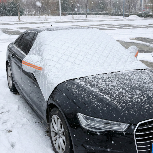 图片这款产品是汽车挡雪车罩，我在拼多多卖这款产品，请以我提供的产品图片为主图主体设计20张相关的电商主图。
1.主图文案要求：高效挡雪防霜，省时省力：采用高密度防水防雪面料，多重防护，守护车漆玻璃，防预览效果
