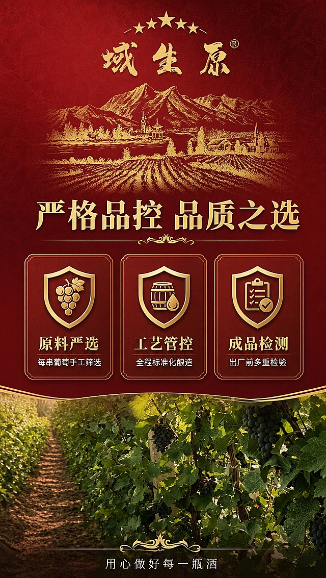 [商品] 使用【图2】域生原品牌金色山水图案与【图7】葡萄园实景；保留品牌图案的红色背景、金色文字与山水纹样，保留葡萄园实景的真实感；增强金色质感与画面精致度，不改变原始内容。
[画面] 目标：品质保障专页，展示酿造管控与品质承诺。构图：上下结构，上方品牌图案（图2）占约30%，中部三道品质管控横排，底部葡萄园小图（图7）。背景：深红色渐变，金色暗纹。阅读动线：从上到下，品牌→管控→产地。景别：品牌特写+图标展示+产地小景。
[视觉] 套系策略：风格=高端红酒商业摄影，红金质感；标题字=宋体衬线粗体，典雅大气；正文字=简洁无衬线体；主色=酒红深红；背景延展=基于酒红色做深浅渐变、暗纹肌理和金色点缀；强调色=金色，仅用于小面积图标、引线、装饰线条和重点文字；标题色=金色；正文色=米白色；组件=金色细线分割、圆角信息卡、古典装饰纹样；光影=均匀柔光，金色部分有金属光泽。
[文字] 顶部主标题「严格品控 品质之选」，金色大字；中部三道品质保障横排，每道配金色盾牌图标：「原料严选」每串葡萄手工筛选；「工艺管控」全程标准化酿造；「成品检测」出厂前多重检验。底部一行小字「用心做好每一瓶酒」，米白色。全部文字横排，层级清晰。
[规格] 图片比例9:16竖版，4K分辨率，medium质量。避免变形、错字、文字过小、品牌图案篡改、绝对化用语、医疗功效承诺。