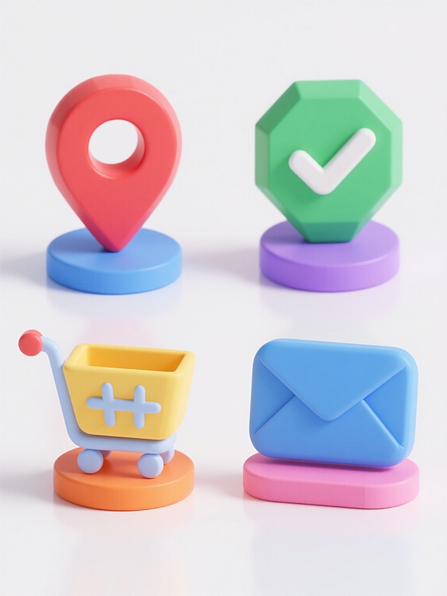 4个完全不同造型的3D图标集合，保持统一的圆润光滑低多边形风格，分别为红色定位标记配蓝色底座、黄色购物车配橙色底座、绿色对勾配紫色底座、蓝色信封配粉色底座，每个图标独立在纯白色背景上，采用柔和均匀的漫反射光影，轻微高光凸显材质感，整体呈2x2网格规整排布，色彩明快和谐，现代简约设计感，适合系列素材使用。