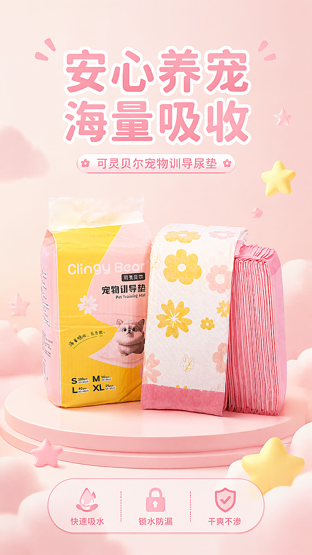 [第1屏] 详情页首屏-可灵贝尔宠物训导垫头图海报，参考示例图的粉色马卡龙风格。
[氛围/风格] 温馨治愈的宠物用品风格，柔和暖调，商业摄影质感，整体清新明快，参考参考图的可爱甜美的设计感，云朵和星星装饰元素，保持活泼温馨氛围。
[元素布局] 本屏使用【图2】作为商品主体，将宠物训导垫的包装和展开款放置在画面中央区域，占据画面65%-70%主体位置。保持商品原有外观：包装正面黄粉配色、品牌文字Clingy Bear可灵贝尔宠物训导垫、产品图片、规格参数S/M/L/XL信息，以及展开垫的米白底黄粉色花朵图案、粉色底层的结构、颜色和材质与输入产品图完全一致。背景为浅粉色渐变，顶部预留标题区域，底部加入柔软云朵和星星装饰元素，画面层次丰富，背景不抢主体。
[光影质感] 左上方柔和主光照亮产品，整体明暗过渡自然，产品边缘清晰真实，材质纹理可见，底部自然投影增强立体感。
[配色色系] 全局底色：#FFEFF4（浅粉）；主体配色：#FFDD67（包装黄色）+ #FFC8D1（包装粉色）+ #FFFFFF（尿垫表层）+ #FFB6C1（尿垫底层）；辅助色：#FFDF8E（花朵黄色）+ #F8B8C8（花朵粉色）。
[视角构图] 正面平视视角，产品主体居中，上半部分预留标题区域，产品主体占据画面中下部，符合竖版9:16阅读动线。
[文字版式] 主标题放在画面上方居中，使用圆角加粗字体，主标题为"安心养宠 海量吸收"，字号约为画面高度的8%；副标题在主标题下方，内容为"可灵贝尔宠物训导尿垫"，字号约为主标题的40%；画面底部添加信息条，标注核心卖点"快速吸水 干爽不渗"，文字清晰不遮挡产品主体，文字配色为深粉色，保持整体风格统一。
[比例分辨率] 9:16竖版比例，4K分辨率，文字清晰可辨，超高清。
[负向提示词] 产品变形，包装文字错乱，颜色偏差，缺件错件，结构错误，产品图模糊，水印，文字错乱，背景杂乱，价格标签，诱导按钮。