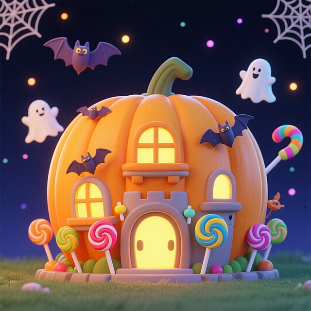 一座南瓜外型的奇幻城堡，城堡上有发光的窗户，城堡周围有多个棒棒糖装饰，还有蝙蝠、蜘蛛网、幽灵等万圣节元素点缀。背景为深色夜空。