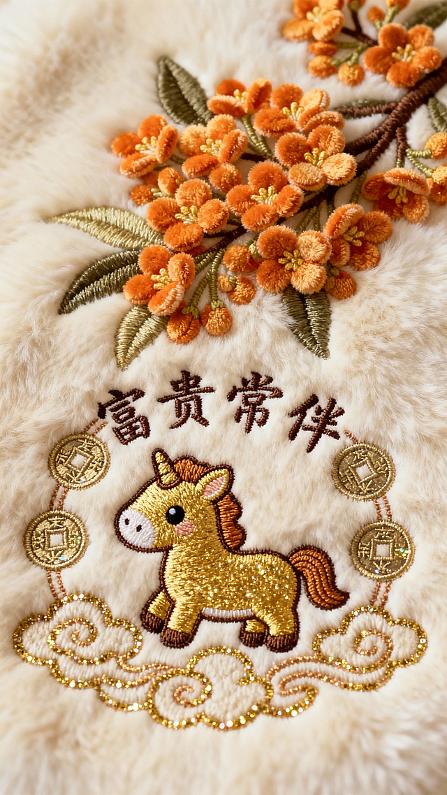 米白毛绒底，金橘花配萌马铜钱，“富贵常伴” 字，暖绒华丽，满是财运吉祥意