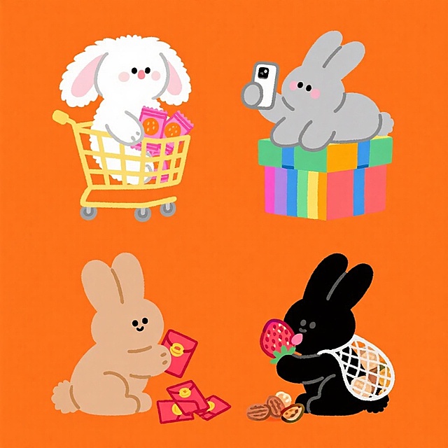 4个物品组合，整齐排列（上下两行）。1. 白绒垂耳兔，坐金色购物车，装满粉橙包装的软糖；2. 灰兔趴在彩虹纹礼物盒堆上，举着卡通手机；3. 浅棕兔蹲在散落的红包旁，爪子捏起一个；4. 黑耳兔嘴鼓鼓塞着草莓干，背透明网袋，坚果从袋口溢出。橙色背景，高饱和配色。