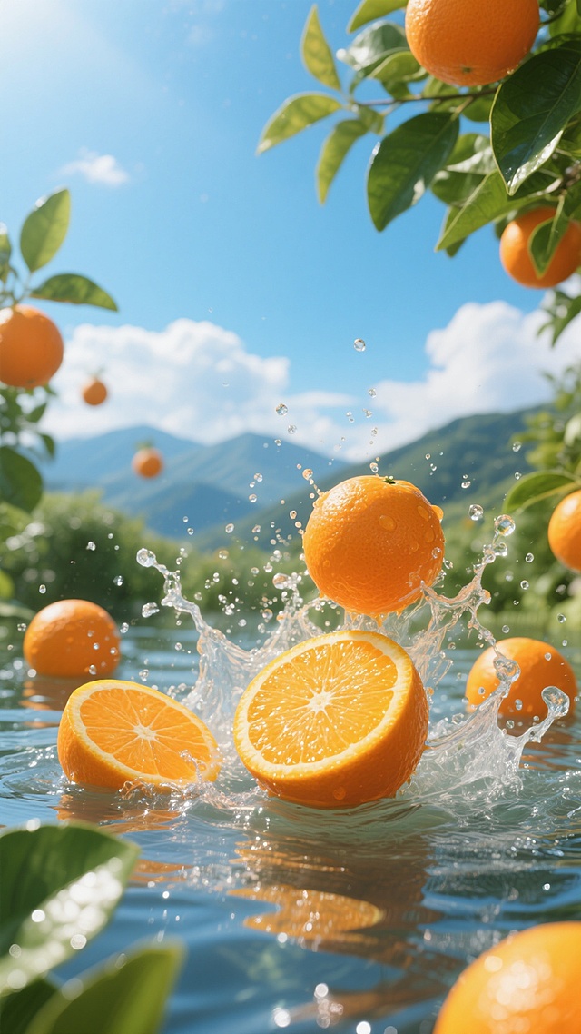 超写实风格摄影，阳光下新鲜橙子在水中溅起晶莹水花的场景，前景有完整的橙色橙子和切开的橙片漂浮在水面上，水珠四溅，周围环绕翠绿的橙树叶，背景是蓝天白云与远山，整体色调以橙色、绿色和蓝色为主，光影明亮通透，细节清晰，富有活力与清爽感，不同造型的橙子分布在画面各处，营造出生动自然的水果场景氛围。