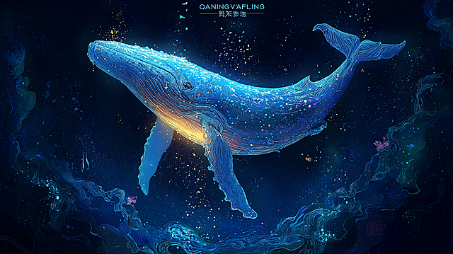 参考图片风格，重新生成发光蓝鲸在深邃深海中的梦幻插画，去掉所有文字，保留蓝黄色调的发光粒子效果，梦幻星空感深海，神秘唯美氛围