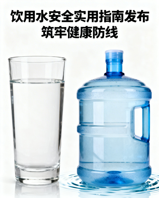 横版新闻封面，主题为饮用水安全科普指南，风格正式简洁，画面中包含干净的水杯、桶装水元素，搭配标题文字"饮用水安全实用指南发布 筑牢健康防线"，整体清新专业，色调干净明快，突出健康科普主题。预览效果