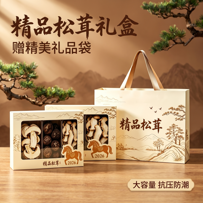 [主图 1] 精品松茸礼盒产品首图。[氛围风格] 自然山野愈风，古风雅致。[画质] 商业摄影质感，光线柔和通透，产品清晰真实，画面干净高级，食欲感满满。[元素] 精品松茸礼盒（含礼盒和配套礼品袋）居中预览效果