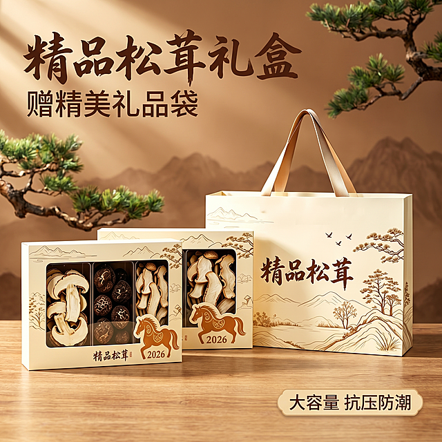 [主图 1] 精品松茸礼盒产品首图。[氛围风格] 自然山野愈风，古风雅致。[画质] 商业摄影质感，光线柔和通透，产品清晰真实，画面干净高级，食欲感满满。[元素] 精品松茸礼盒（含礼盒和配套礼品袋）居中摆放，商品主体占比约70%，背景融入浅棕色自然山野场景，有远山和松枝元素，保持产品外观（物理结构、材质质感、颜色）与输入产品图绝对一致，杜绝任何变形和色差，精细化处理。画面满铺无边框。[光影] 自然暖阳光线从侧上方照射，形成柔和自然的光影，凸显松茸的质感和礼盒的立体感，通透不灰蒙。[配色] 主色调为米白与暖棕，搭配原木色，自然清新。[视角构图] 平视，礼盒完整展示在画面中心，景深适中，轮廓完整不裁切。[文字版式] 左上负空间左对齐留安全边距，主副标题不遮挡产品主体。主标题“精品松茸礼盒”深棕色最大号粗体书法字体，副标题“赠精美礼品袋”约半高，同色。右下角小标签标注“大容量 抗压防潮”浅色背景深棕色文字。[比例分辨率] 1:1 比例，2k 分辨率，文字清晰锐利，画面超高清。[负向提示词] 变形，水印，文字错乱，产品图模糊，背景杂乱，遮挡主体，颜色失真