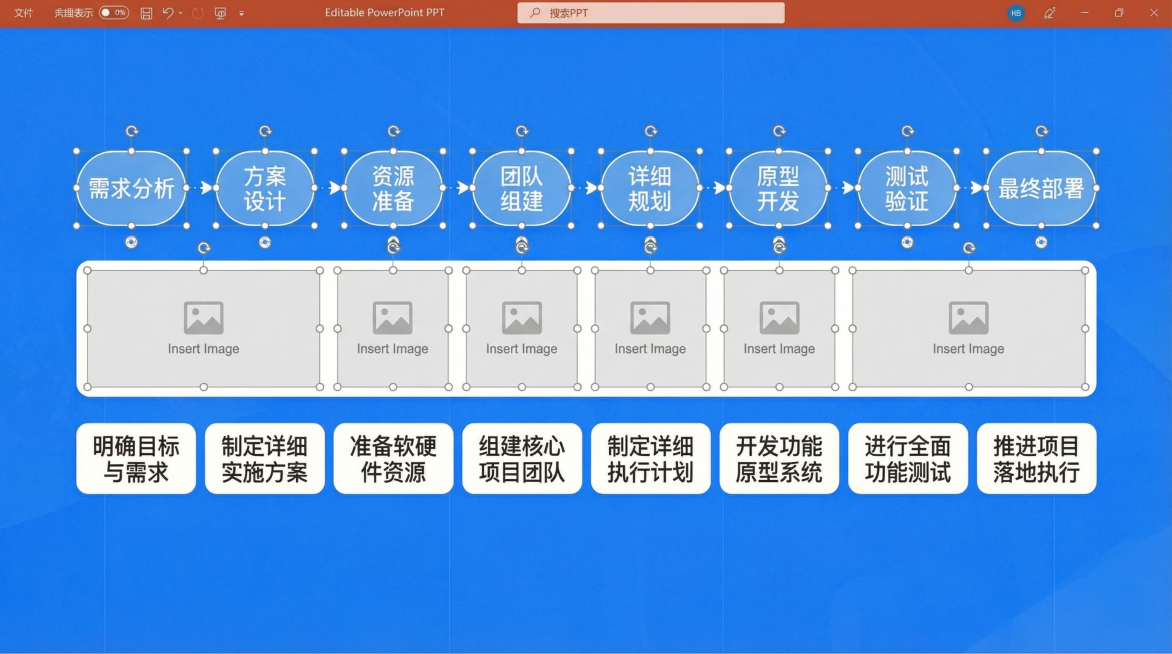 将8步流程图宣传板改成可编辑的PPT页面格式，保持横版蓝色主题三行布局，保留完整的8个流程节点、照片预留空间和步骤介绍，整体为标准PPT版式方便后续编辑预览效果